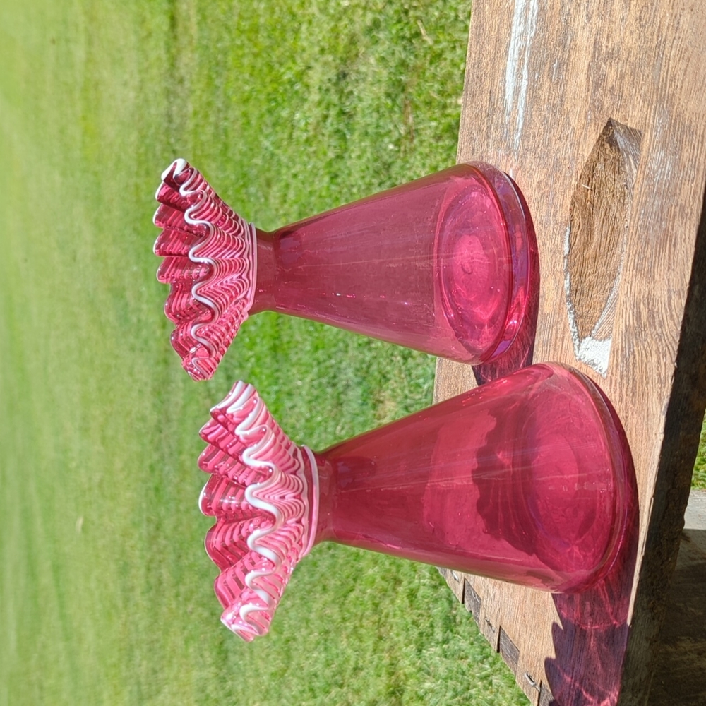 Set of 2 Vintage Cranberry Glass Swirl Ruffle Edge Vases
